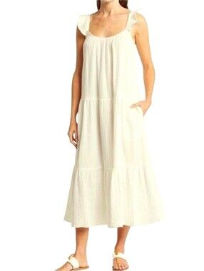 Mable Cream 100% Cotton Tiered Midi Dress with Ruffle Straps Oversize Small